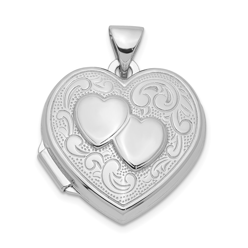 Sterling Silver Rhodium-plated 2-Hearts Plain Back 18mm Heart Locket
