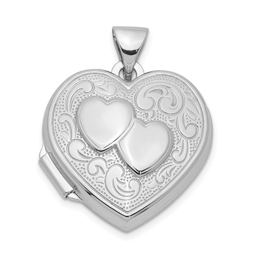Sterling Silver Rhodium-plated 2-Hearts Plain Back 18mm Heart Locket