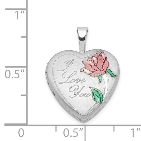 Sterling Silver RH-plated Satin & Enameled I Love You Rose Heart Locket