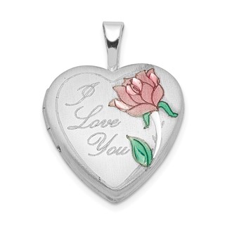 Sterling Silver RH-plated Satin & Enameled I Love You Rose Heart Locket