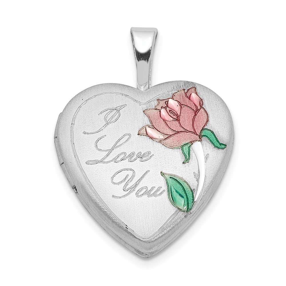 Sterling Silver Rhodium-plated 16mm Satin, Enameled, D/C I Love You Heart
