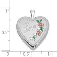Sterling Silver Rhodium-plated Pink and Green Enameled Floral with Love 20mm Heart Locket view 4