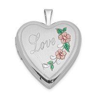 Sterling Silver Rhodium-plated Pink and Green Enameled Floral with Love 20mm Heart Locket view 1