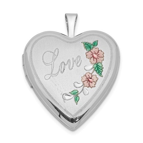 Sterling Silver Rhodium-plated Pink and Green Enameled Floral with Love 20mm Heart Locket