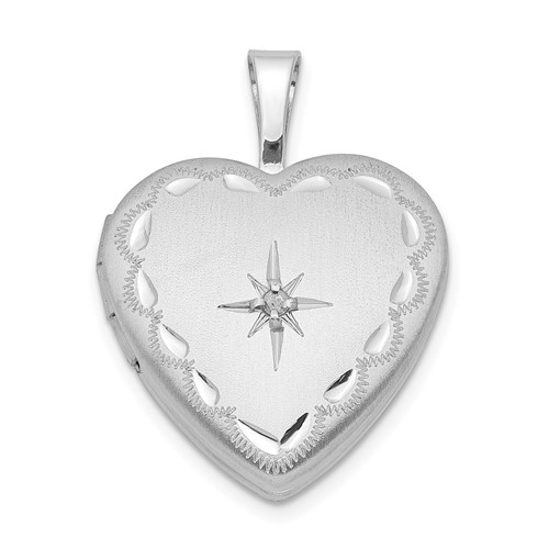 Sterling Silver Rhodium-plated Satin Diamond-cut Diamond Star 16mm Heart Locket