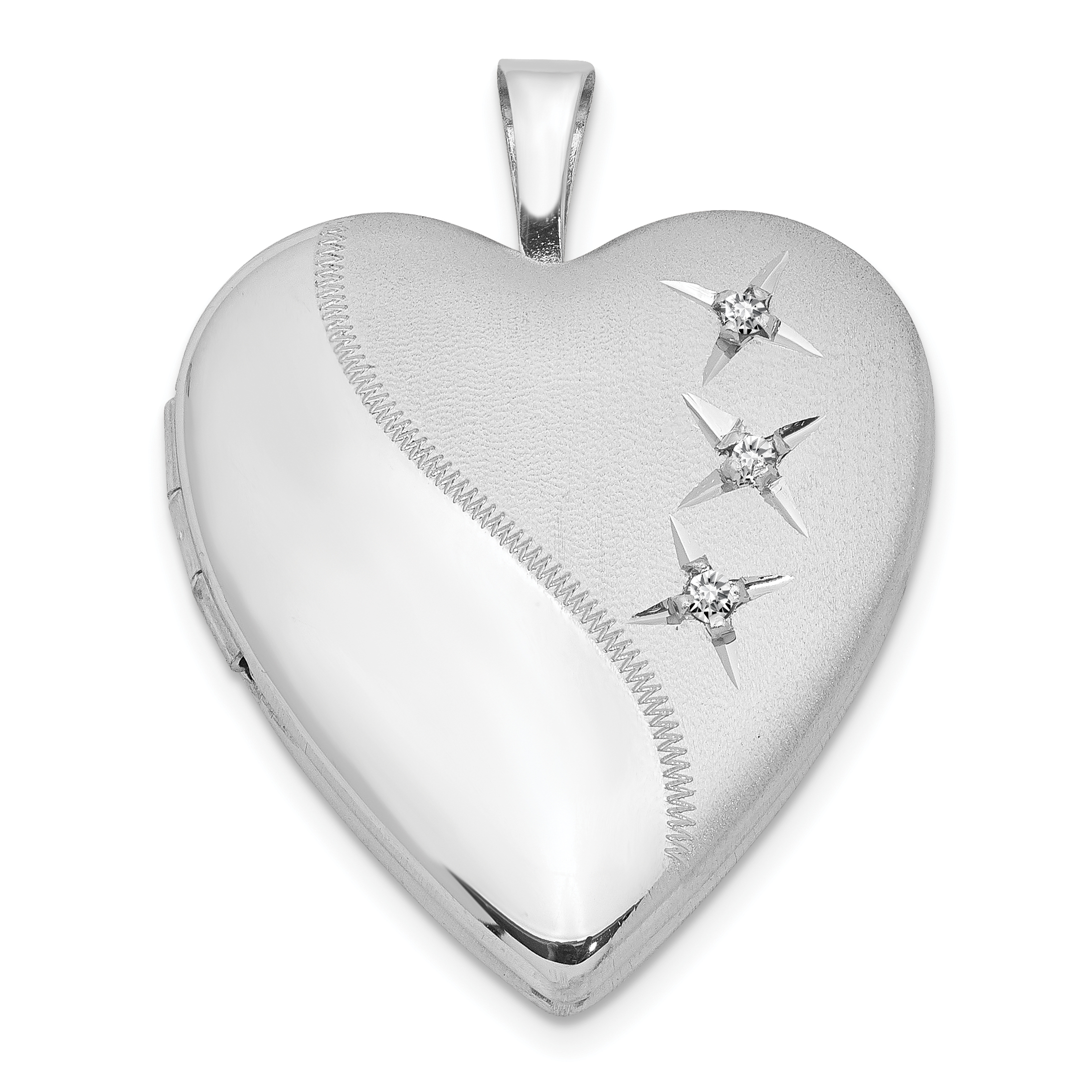 Sterling Silver Rhodium-plated Polished & Satin Diamond 20mm Heart Locket (QLS430)
