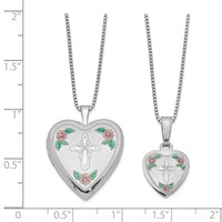 Sterling Silver Rhodium-plated Cross and Enameled Flowers Locket Necklace and 14 Inch Pendant Necklace Set, 18" view 5