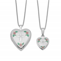 Sterling Silver Rhodium-plated Cross and Enameled Flowers Locket Necklace and 14 Inch Pendant Necklace Set, 18" view 1