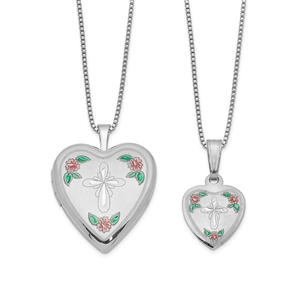 SS Rhod-plated Cross/Flowers Enamel Heart Locket & Pendant Necklace Set