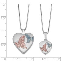 Sterling Silver Rhodium-plated Satin Enameled Butterflies Heart Locket Necklace & 14in Pendant Necklace Set, 18" view 2