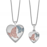 Sterling Silver Rhodium-plated Satin Enameled Butterflies Heart Locket Necklace & 14in Pendant Necklace Set, 18" view 1
