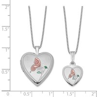 Sterling Silver Rhodium-plated Polished & Satin Enameled Butterfly Heart Locket Necklace and 14in Pendant Necklace Set, 18" view 2