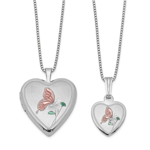 Sterling Silver Rhodium-plated Polished & Satin Enameled Butterfly Heart Locket Necklace and 14in Pendant Necklace Set, 18"