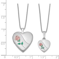 Sterling Silver Rhodium-plated Polished Satin Enameled Rose Heart Locket Necklace and 14 Inch Pendant Necklace Set, 18" view 2