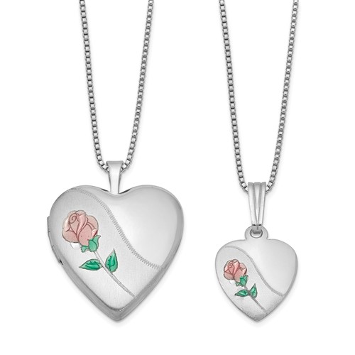 Sterling Silver Rhodium-plated Polished Satin Enameled Rose Heart 18 Inch Locket Necklace and 14 Inch Pendant Necklace Set