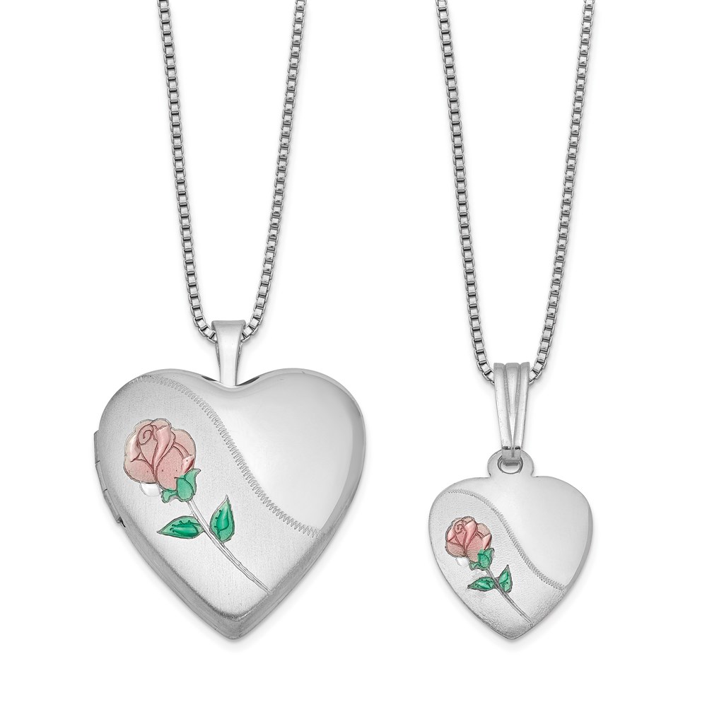 Sterling Silver Rhod-plated Polished & Satin Rose Heart Locket & Pendant