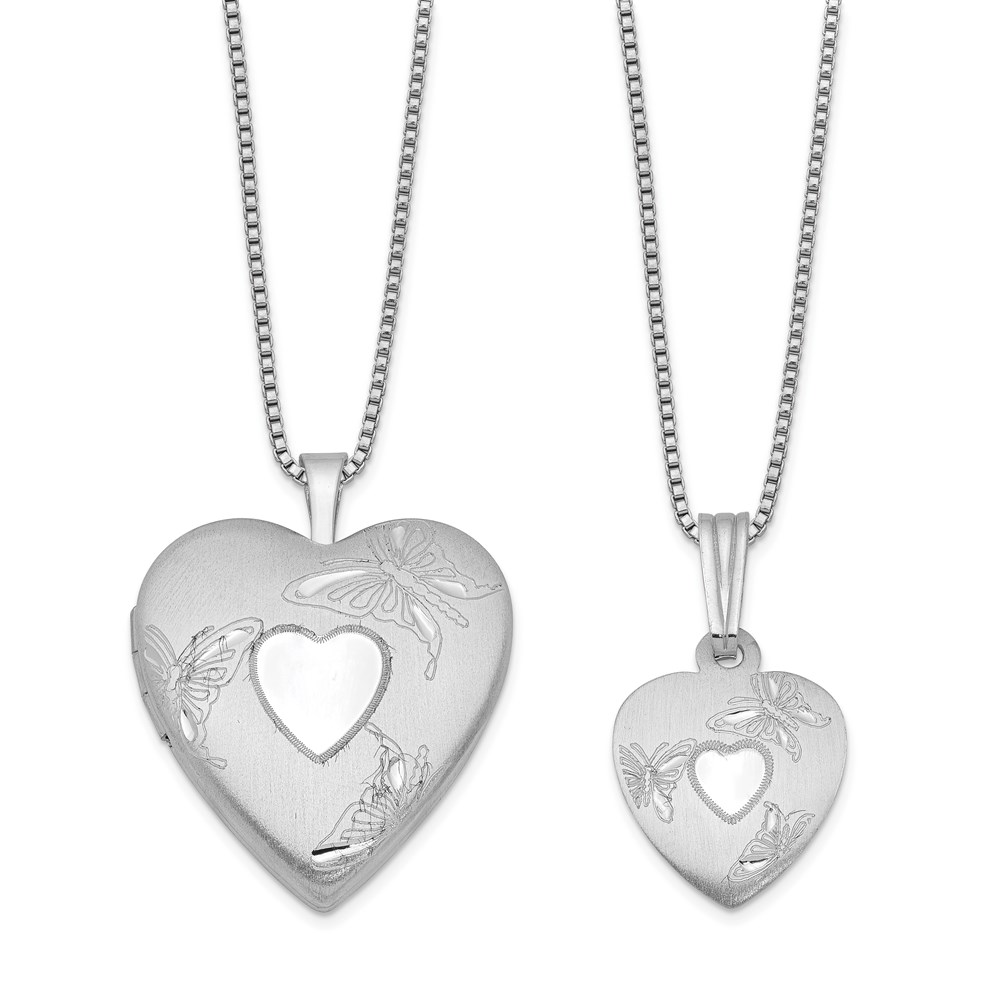 SS Rhod-plated Polished & Satin Butterfly Heart Locket/Pendant Necklace Set
