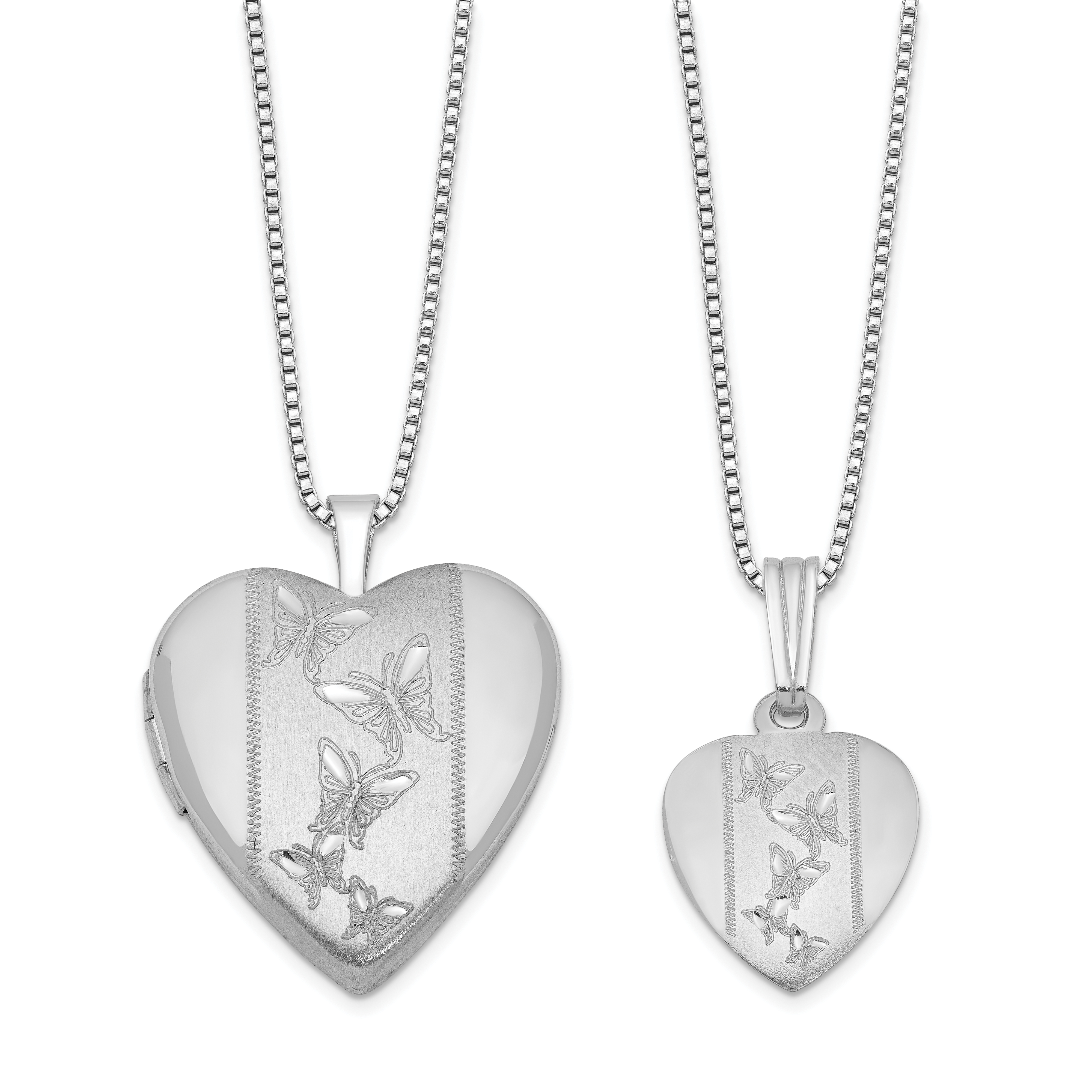 Sterling Silver Rhodium-plated Polished & Satin Butterfly Heart 18in Locket Necklace & 14in Pendant Necklace Set (QLS445SET)