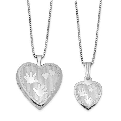 Sterling Silver Rhodium-plated Polished Satin Hands and Hearts 18 Inch Locket Necklace and 14 Inch Pendant Necklace Set