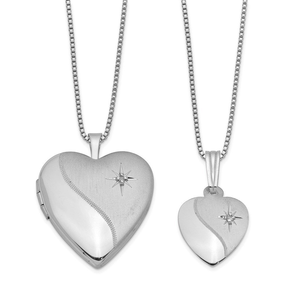 Sterling Silver RH-plated Diamond Polished Satin Heart Locket & Pendant Set