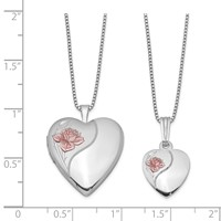 Sterling Silver Rhodium-plated Polished Satin Enameled Rose Heart Locket Necklace & 14in Pendant Necklace Set, 18" view 2