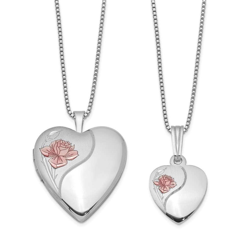 Sterling Silver RH-plated Polished & Satin Rose Heart Locket & Pendant Neck