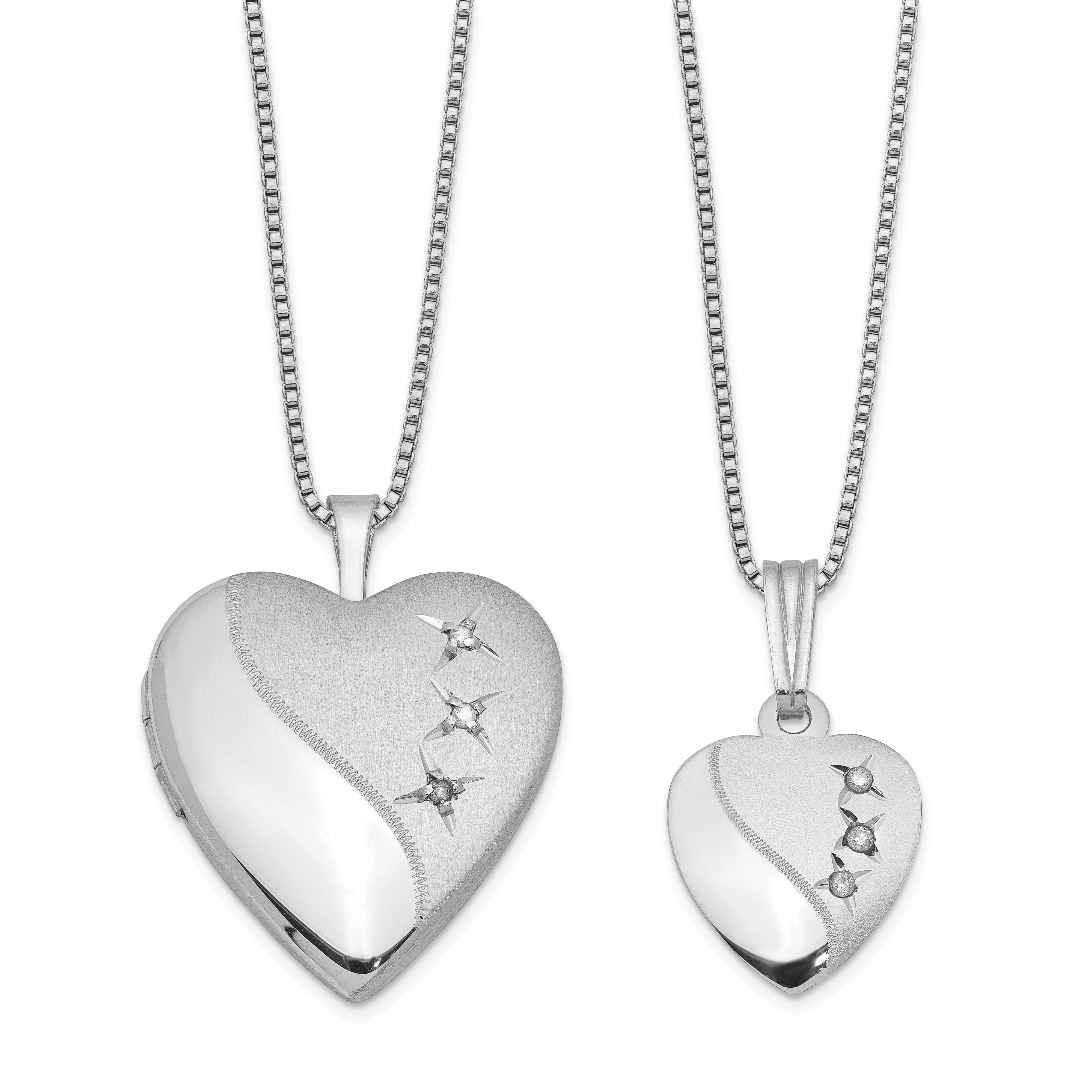 Sterling Silver Rhodium-plated Diamond Polished & Satin Heart 18in Locket Necklace & 14in Pendant Necklace Set (QLS450SET)