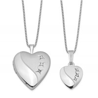 Sterling Silver Rhodium-plated Diamond Polished & Satin Heart Locket Necklace & 14in Pendant Necklace Set, 18" view 1