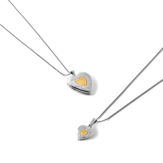 Sterling Silver Rhodium & Gold-plated Polished & Satin Diamond Mom Locket 18in Necklace/ Daughter Pendant 14in Cross Heart Necklace Set
