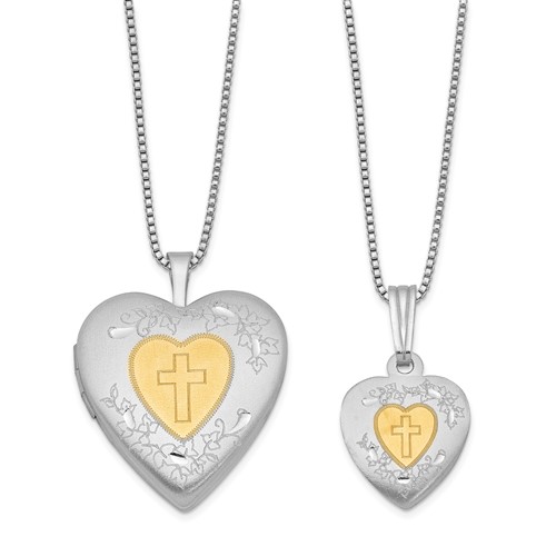 Sterling Silver Rhodium & Gold-plated Polished & Satin Diamond Mom Locket 18in Necklace Daughter Pendant 14in Cross Heart Necklace Set