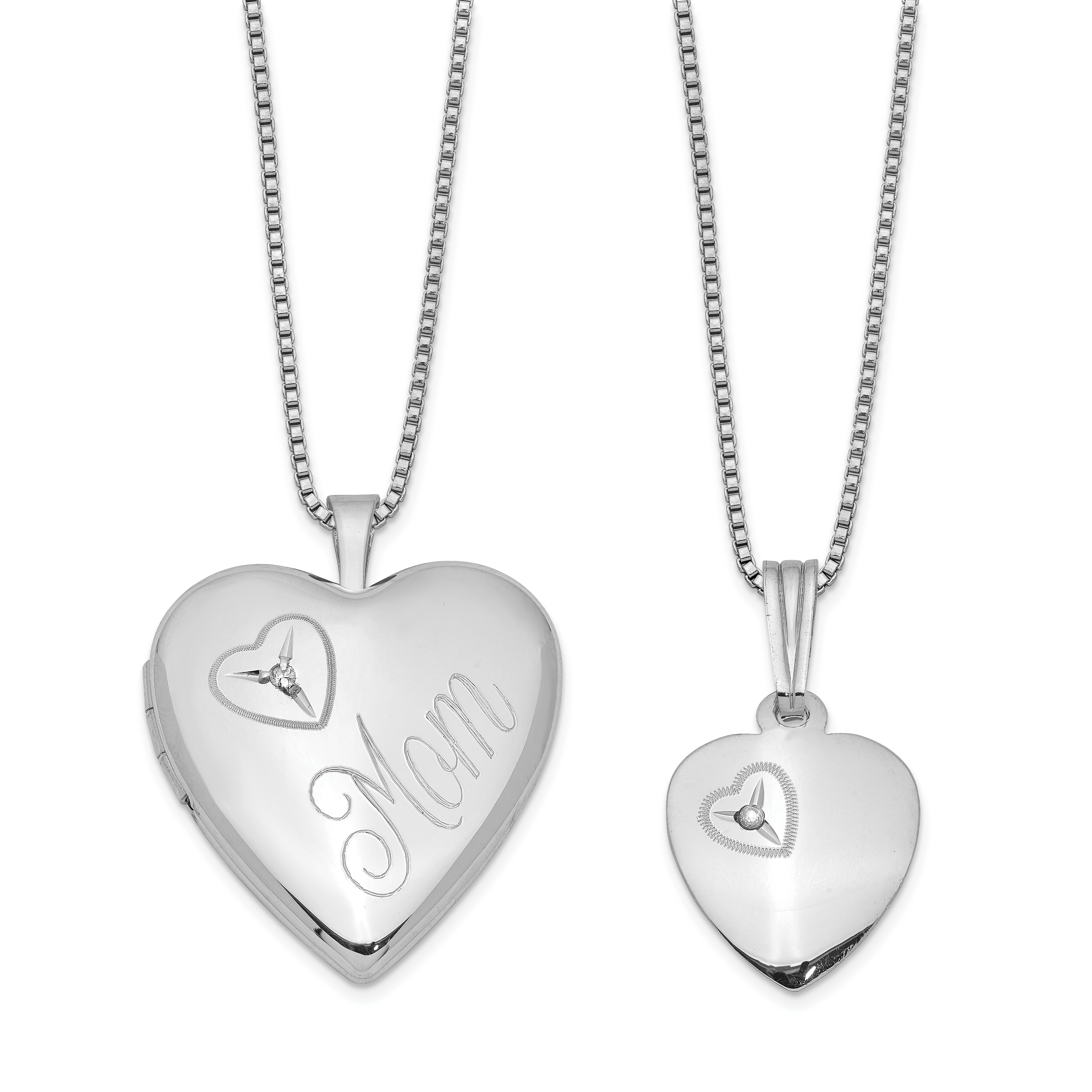 Sterling Silver Rhodium-plated Polished Diamond Heart 18in Mom Locket Necklace & 14in Heart Pendant Necklace Set (QLS458SET)