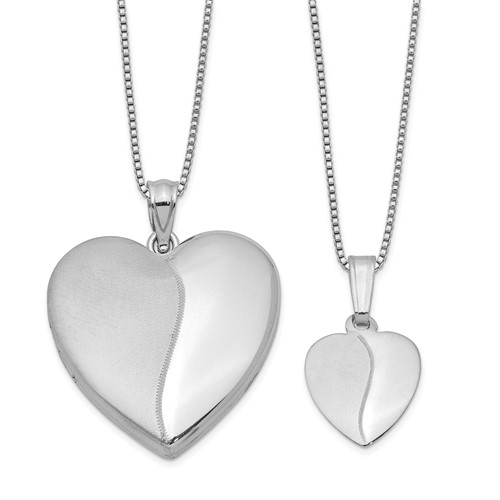 Sterling Silver Rhodium-plated Polished and Satin Heart Locket Necklace and 14 Inch Pendant Necklace Set, 18"