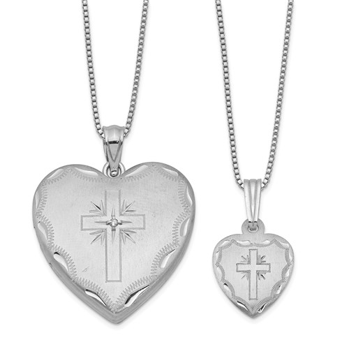 Sterling Silver Rhodium-plated Satin D C 18in Diamond Cross Heart Locket Necklace & 14in Cross Heart Pendant Necklace Set