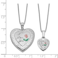 Sterling Silver Rhodium-plated Enameled Polished Satin Rose I Love You Heart Mom Locket & Daughter 14in Pendant Necklace Set, 18" view 2