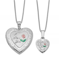 Sterling Silver Rhodium-plated Enameled Polished Satin Rose I Love You Heart Mom Locket & Daughter 14in Pendant Necklace Set, 18" view 1