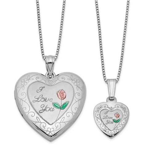 Sterling Silver Rhodium-plated Enameled Polished Satin Rose I Love You Heart Mom Locket & Daughter 14in Pendant Necklace Set, 18"