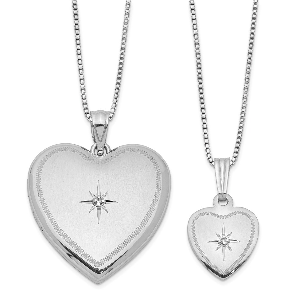 Sterling Silver RH-plated Diamond Polished Satin Heart Locket & Pend Neckla