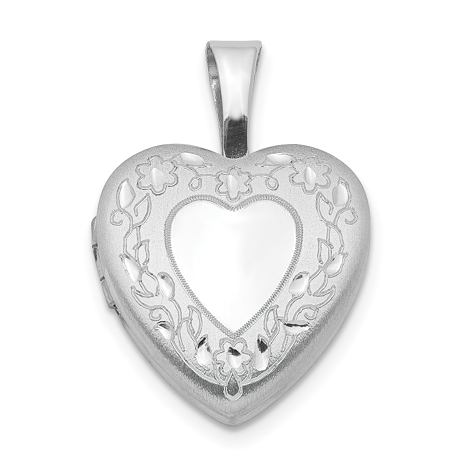 Sterling Silver Rhodium-plated Flower Border 12mm Heart Locket (QLS490)