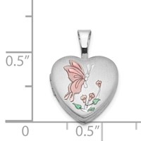 Sterling Silver Rhodium-plated Pink and Green Enameled Butterfly with Flowers 12mm Heart Locket view 4