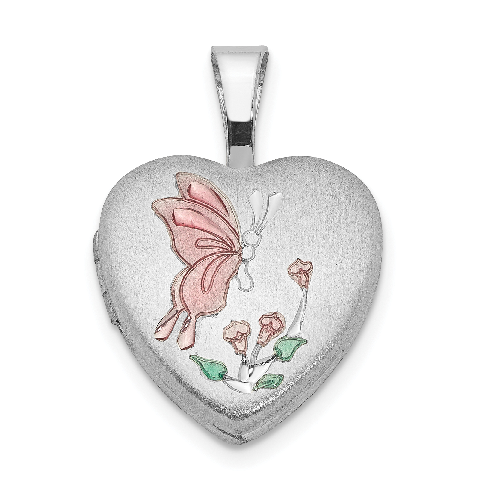 Sterling Silver Rhodium-plated Enamel Butterfly Flowers 12mm Heart Locket (QLS505)
