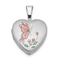 Sterling Silver Rhodium-plated Pink and Green Enameled Butterfly with Flowers 12mm Heart Locket view 1