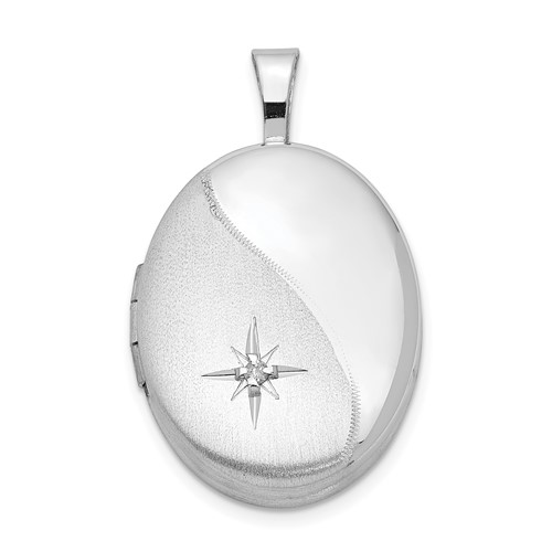 Sterling Silver Rhodium-plated Satin and Polished Diamond Star 19mm Oval Locket