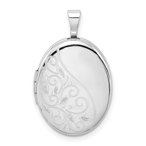 Sterling Silver Rhodium-plated Polished Front Satin Back Swirl Design 19mm Oval Locket