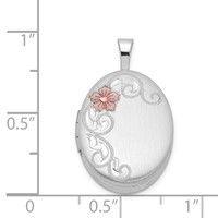 Sterling Silver Rhodium-plated Satin Pink Enameled Flower Scroll 19mm Oval Locket view 4