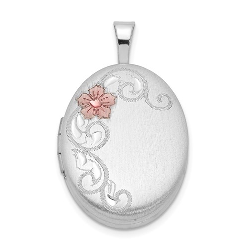 Sterling Silver Rhodium-plated Satin Pink Enameled Flower Scroll 19mm Oval Locket