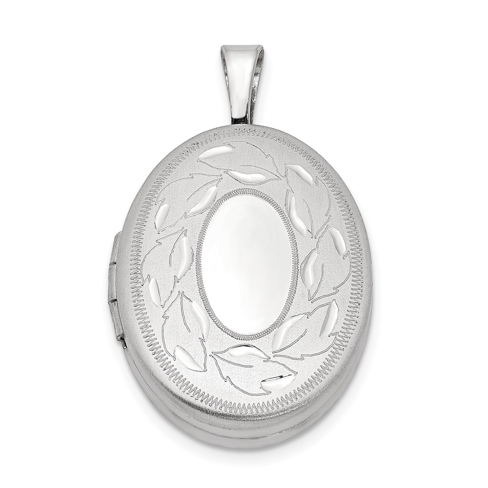 Sterling Silver Rhodium-plated 19mm Polished and Brushed Leaves Oval Locket