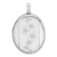 Sterling Silver Rhodium-plated Satin Diamond-cut Butterflies 34mm Oval Locket view 1