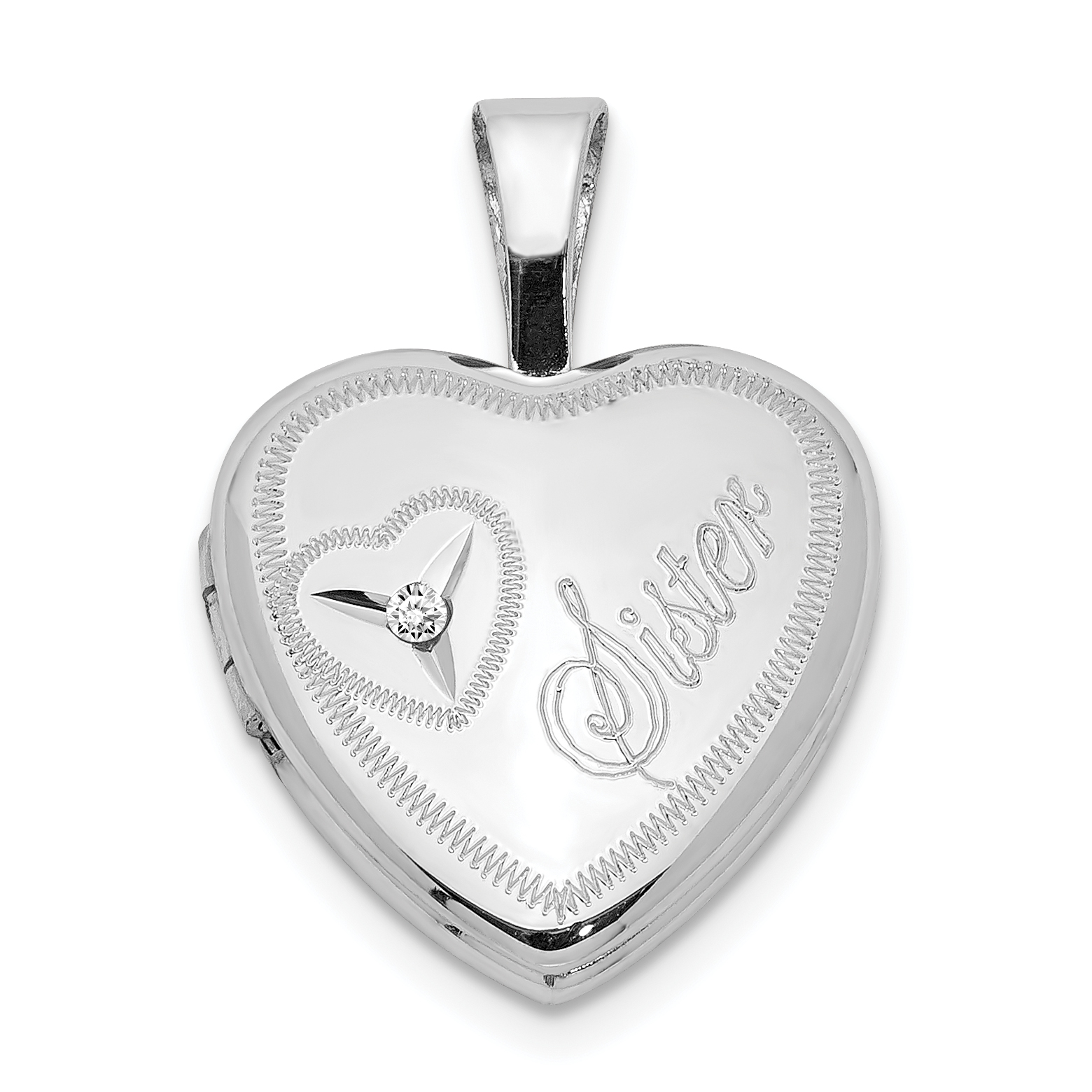 Sterling Silver Rhodium-plated & Diamond Sister Heart 12mm Heart Locket (QLS524)
