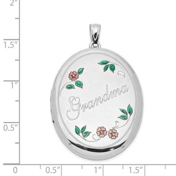 Sterling Silver Rhod-plated Enameled Floral Grandma 34mm Oval Locket