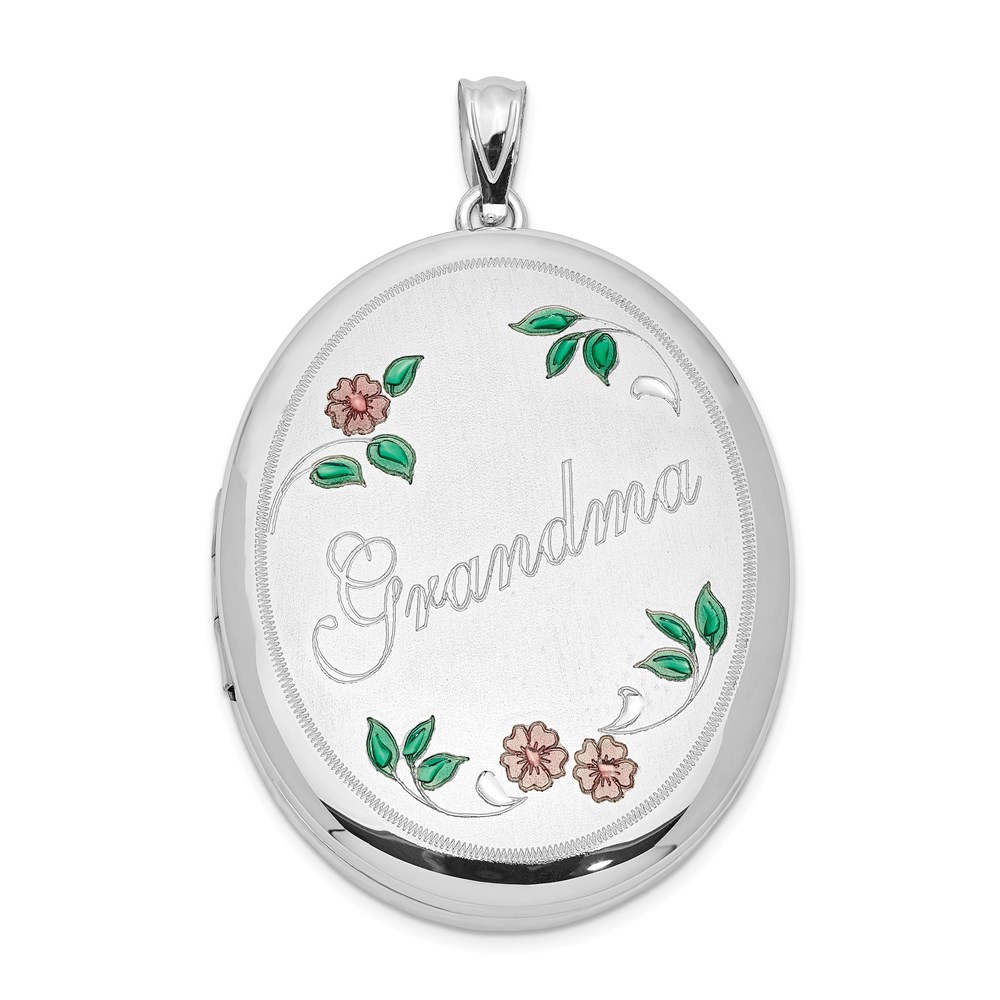 Sterling Silver Rhodium-plated Grandma W/ Enamel Flowers 34mm Oval Locket